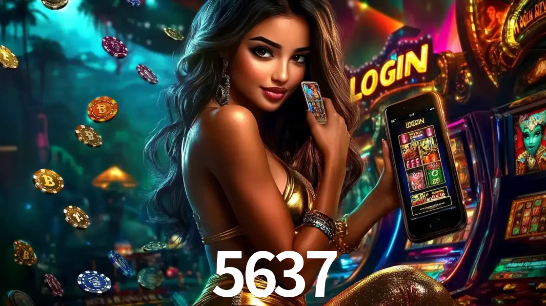 Mulher em um cenário de cassino temático de aventura, mostrando o app de caça-níqueis da 5637 no celular. Fichas de apostas flutuam ao redor.